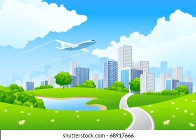 Green City Landscape With Road Lake Sky Airbus Clouds
