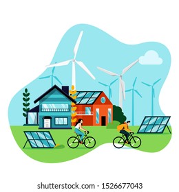 Green city landscape. Save earth day vector flat illustration, isolated on white background. Saving environment nature and ecology. Alternative energy generators, solar panels and modern buildings.