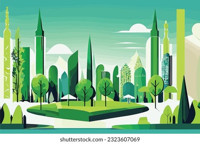 Green city landscape with skyscrapers and trees. Vector illustration background
