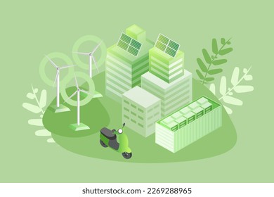 El paisaje verde de la ciudad, el sistema de red de energía renovable inteligente. Carga eléctrica de coches con paneles solares, viento, red eléctrica y ciudad.