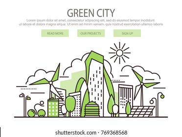 Green city landscape template with text. Eco city concept composition. Website design elements of Urban Landscape. City line art for web, advertising, banner, poster, flyer. Vector Illustration