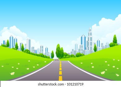 Green City Landscape with Trees Flowers Clouds and Road