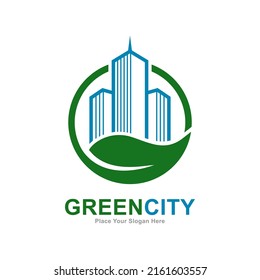 Green city with leaf logo design vector. Suitable for business, web, environment, and building