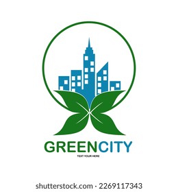 Grüne Stadt mit Logo-Design-Vektorgrafik. Geeignet für Unternehmen, Web, Umwelt und Gebäude