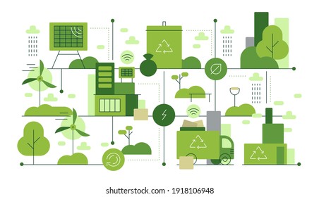 Green city life. Ecological concept. Urban map. Green technologies. Waste recycling. Scheme, process. Healthy environment. Wallpaper, background. Modern flat illustration. Vector file.