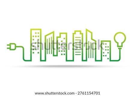 green city line ecology environment light bulb and plug outline white background. save world energy renewable sustainable concept. vector illustration flat design. 