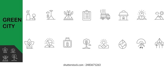 Green City Line Editable Icons set. Vector illustration in modern thin line style of eco related icons: CO2 neutral, zero waste, use bike, green energy, air and water quality. Isolated on white.