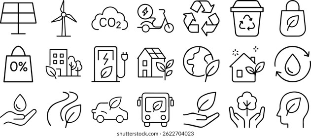 Green City Line Editable Icons Set – Vector Illustration in Modern Thin Line Style Featuring Eco Concepts like CO₂ Neutrality, Green Energy, Recycling, and Sustainable Living