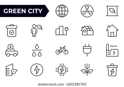 Green city Line icon set. Sustainable development. Contains such icons as renewable energy, autonomous building, air and water quality.