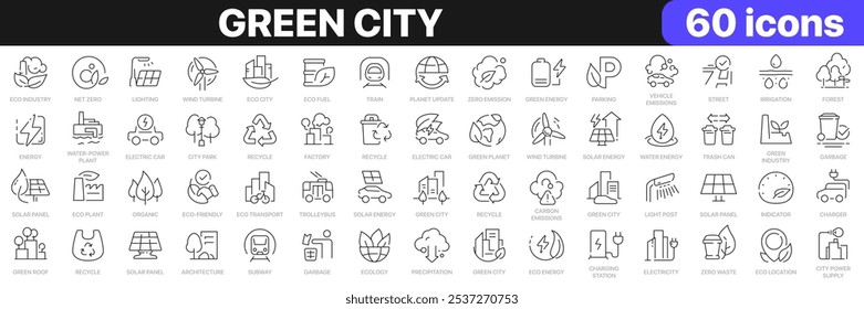 Green city line icons collection. Eco industry, wind turbine, green energy, organic icons. UI icon set. Thin outline icons pack. Vector illustration EPS10