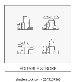  Green city line icons set. Comfortable living place for people. Solar battery and windmill for energy. Eco awareness concepts. Isolated vector illustrations. Editable stroke