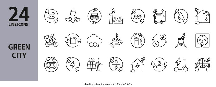 Green City line icons set with Ecologic, Solar Panels, Green Energy, Friendly Town, Fuel, Bicycle and more. Editable Stroke