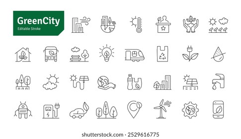 Conjunto de iconos de línea de ciudad verde. Ecología, Ciudad Sostenible, Neutro en Carbono, Energía Verde, Iconos de Energía Renovable, Ilustración vectorial Editable de Trazos