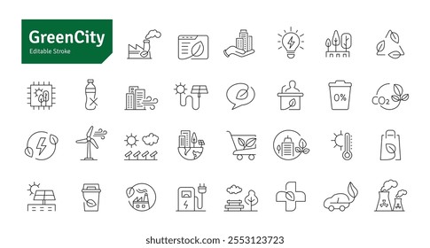 Green City Line Icons Set. Ecology, Sustainable City, Net Zero, Carbon Neutral, Green Energy, Renewable Energy Icons Editable Stroke Vector Illustration