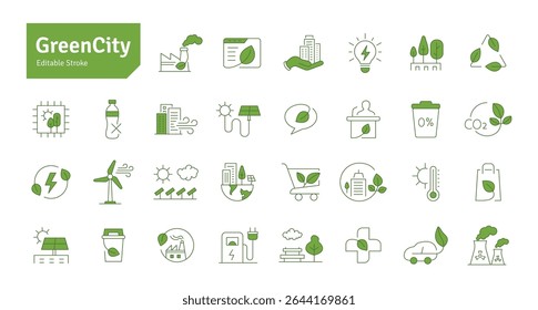 Green City Green Line Icons Set. Ecology, Sustainable City, Net Zero, Carbon Neutral, Green Energy, Renewable Energy Icons Editable Stroke Vector Illustration