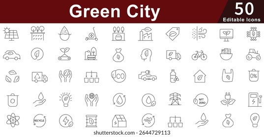 Green City Line Icons set - Ecology, Environment, Eco-Friendly and Nature Vector set
