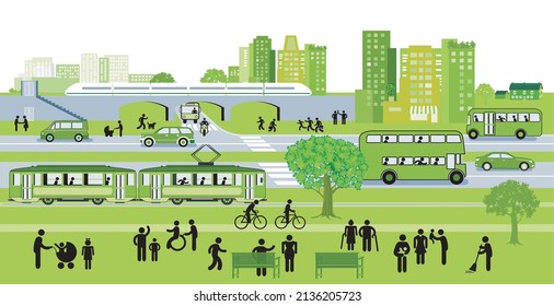 Green city with local transport, illustration