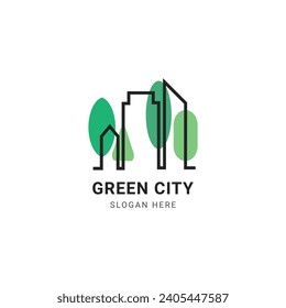 Concepto del logo de la ciudad verde. Ilustración vectorial del logo de la ciudad ecológica. Icono del logo de la construcción y árboles 