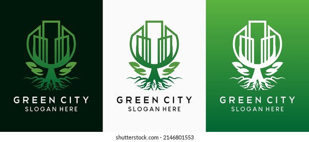 Green city logo design with creative concept, tree icon blends with building in line art