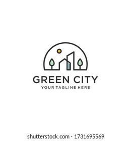 Green city logo design inspiration, line art, outline, simple, minimalist Premium Vector