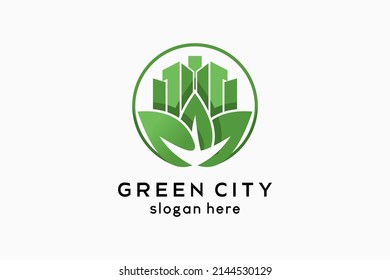 Green city logo design, leaf icon and building icon combined with a creative concept in a circle