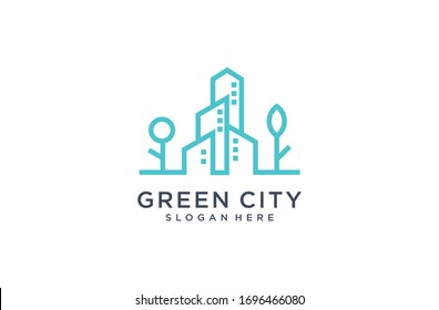 green city logo with green leaf and buliding