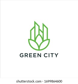 green city logo with green leaf and buliding