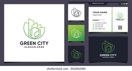 Green city logo with unique line art style and business card design Premium Vector