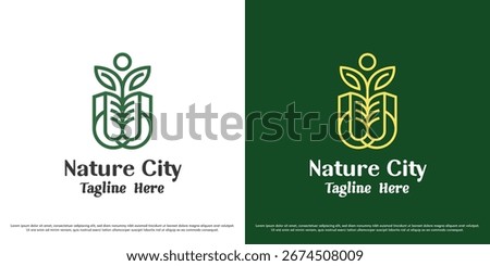 Green city logo vector design illustration. Leaf silhouette of a building. Simple minimal abstract nature icon symbol.