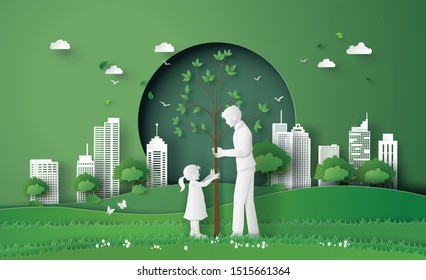 green city with mom and girl .paper cut and digital craft style.