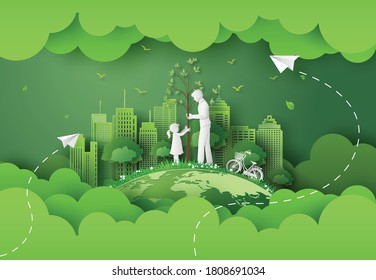green city with mom and girl .paper cut and digital craft style.