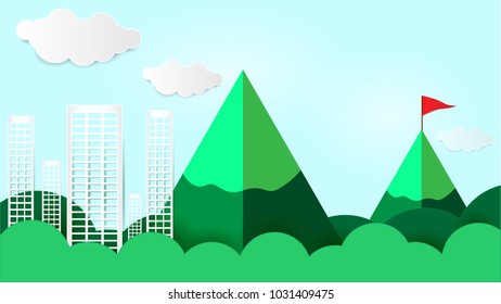 Green city with mountain with a red flag on the top and the clouds in the sky. Nature Friendly concept, Vector illustration.