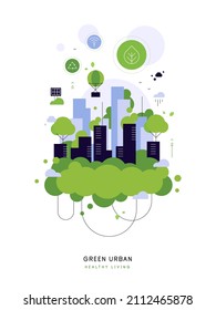 Ciudad verde con muchos árboles. Vida urbana inteligente. Afiche, elemento infográfico. Ilustración plana moderna. Archivo vector.