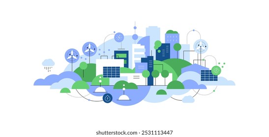 Cidade verde. Cidade e ecossistema da natureza. Desenvolvimento sustentável. Arquivo vetorial.