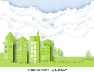 Green city and nature with environment and ecology concept paper art style.Vector illustration.