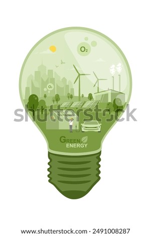 Green city and Net zero emission concept, Renewable energy sources, Caring for the environment and using clean green energy, Electric vehicle Technology, Wind power, Photovoltaics system industrial.