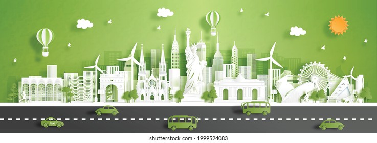 Ciudad verde de Nueva York, Estados Unidos de América. El concepto de medio ambiente y ecología en el estilo de corte de papel. Ilustración vectorial.