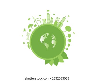 green city on earth. World environment and sustainable development. Vector illustration in flat design. Clean and natural energy.