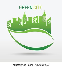 green city on leaf logo. isolated on white background. save nature the world symbol. vector illustration in flat style modern design. sustainable and environmental friendly concept.