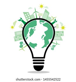 Green city on the light bulb. Ecological concepts and sustainable a white background. Vector illustration in flat design.