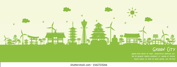 Green city of Osaka, Japan. Environment and ecology concept. Vector illustration.