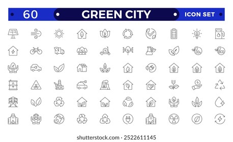 Grüne Stadt Outline Icons Sammlung. UI-Symbol in flachem Design. Inklusive Nachhaltigkeit, Solarpanel, Recycling, Grüne Stadt, Vektorgrafik.
