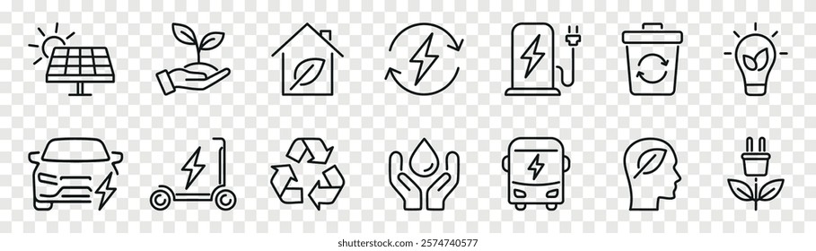 Green city outline icons set isolated on transparent png background