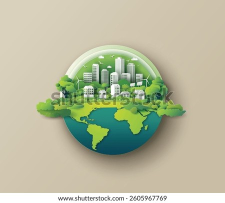Green city over a globe in paper-cut style showing eco-urban development and environmental awareness.
