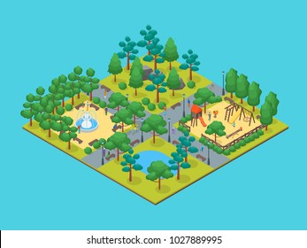 Green City Park Concept 3d Isometric View On A Blue Background Element Map. Vector Illustration Of Garden With People