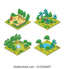 Green City Park Concept Set 3d Isometric View On A White Background Element Map. Vector Illustration Of Garden With People