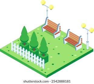 Green city park isometric icon showing two benches, trees surrounded by white fence and street lamps illuminating recreation area