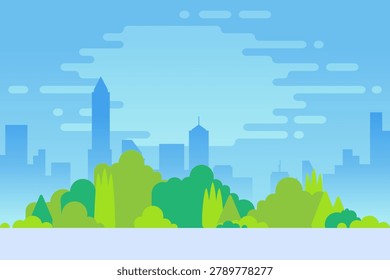 Green city park landscape with trees and bushes in foreground and modern urban skyline in background. Nature and city harmony concept representing urban ecology, environment and outdoor recreation.
