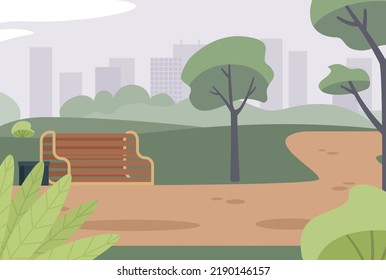 Green city park in summer flat color vector illustration. Empty bench and road in urban garden. Place to rest in town. Fully editable 2D simple cartoon landscape with skyline on background