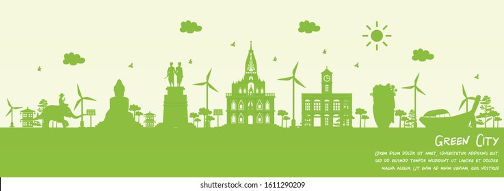 Green city of Phuket, Thailand. Environment and ecology concept. Vector illustration.